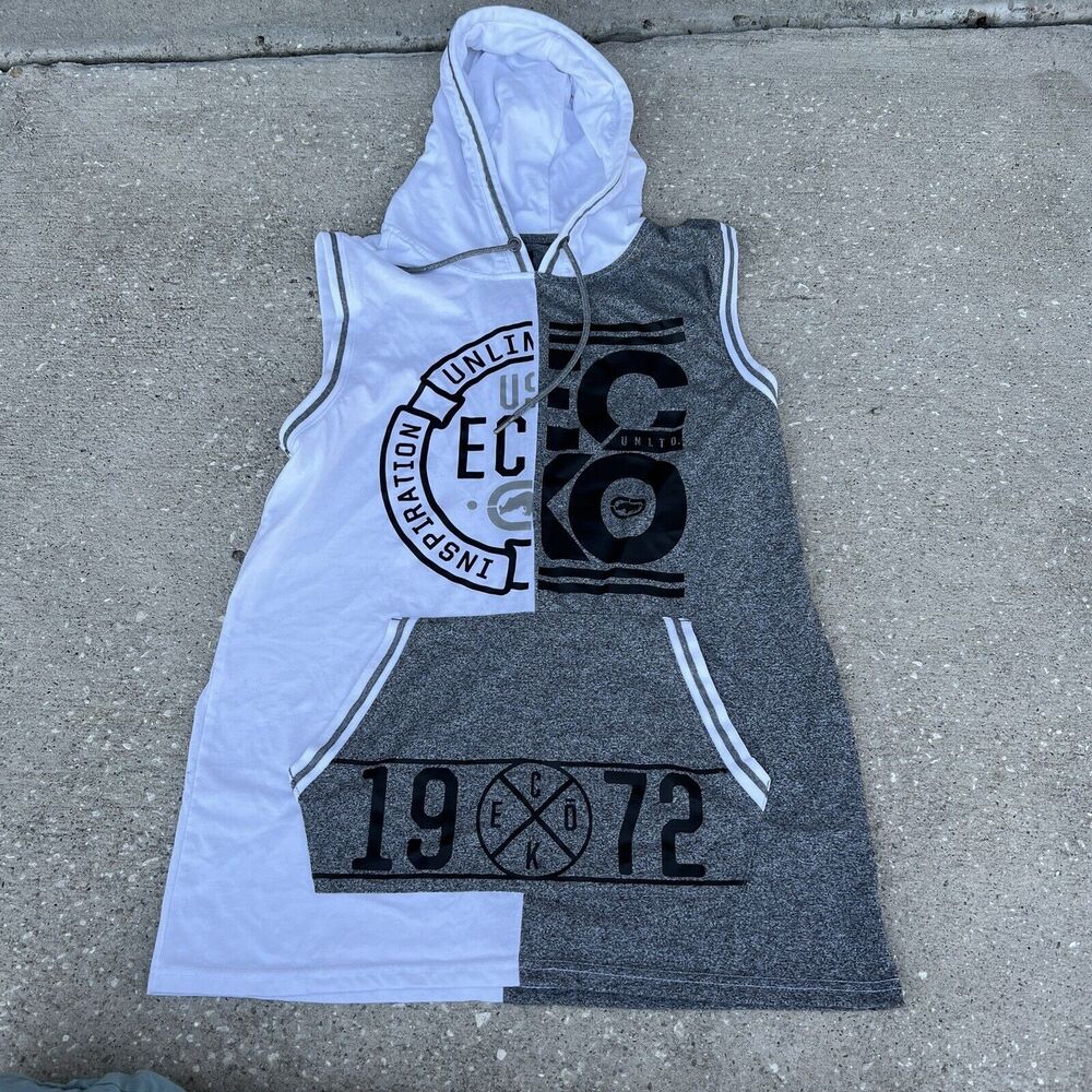 Ecko Unltd Sleevless Hoodie Mens Size Medium White Gray Big LOGO Pockets